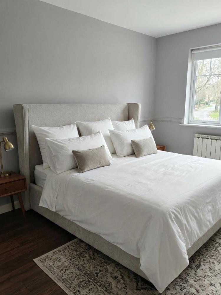 Hemingway winged upholstered bed in a spacious master bedroom
